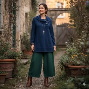 Soft Surroundings Blue Button Cowl Neck Kangaroo Pocket Knit  Top Medium